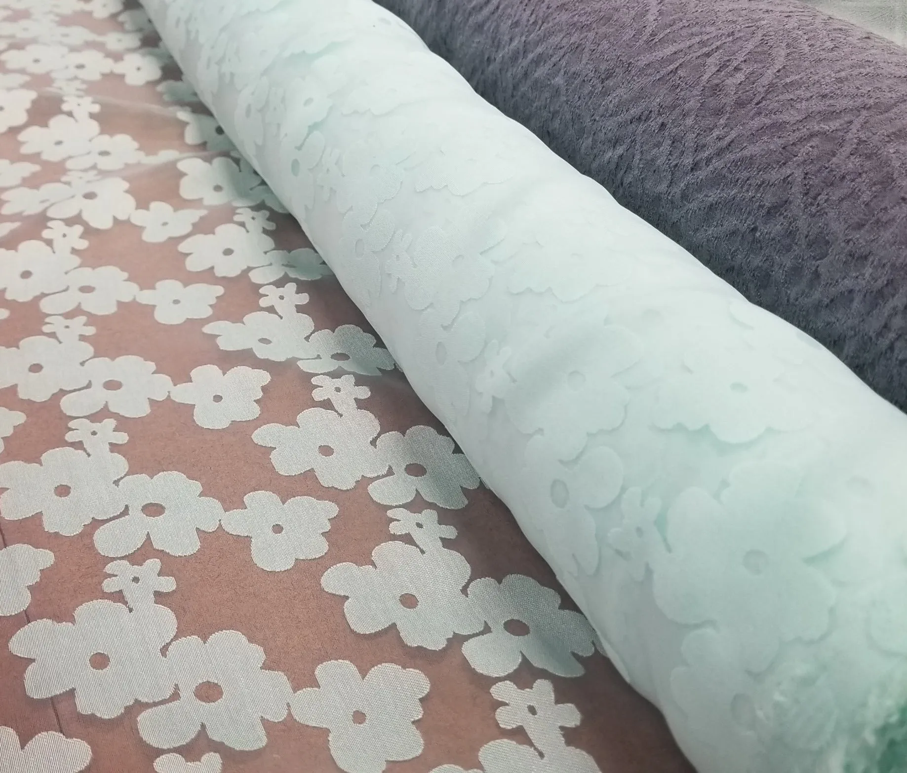 End of Bolt: 2-1/4th yards of Designer Deadstock Sheer Mint Blue Floral Burnout Organza Woven- remnant