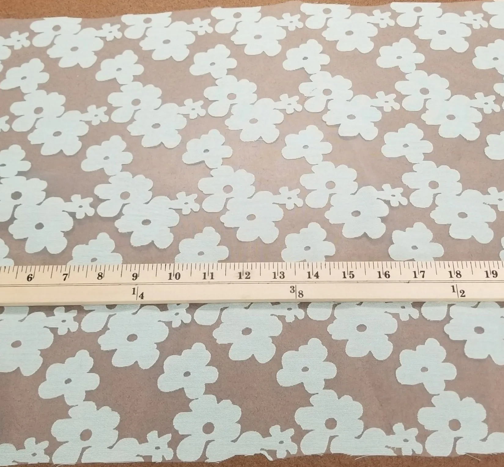 End of Bolt: 2-1/4th yards of Designer Deadstock Sheer Mint Blue Floral Burnout Organza Woven- remnant
