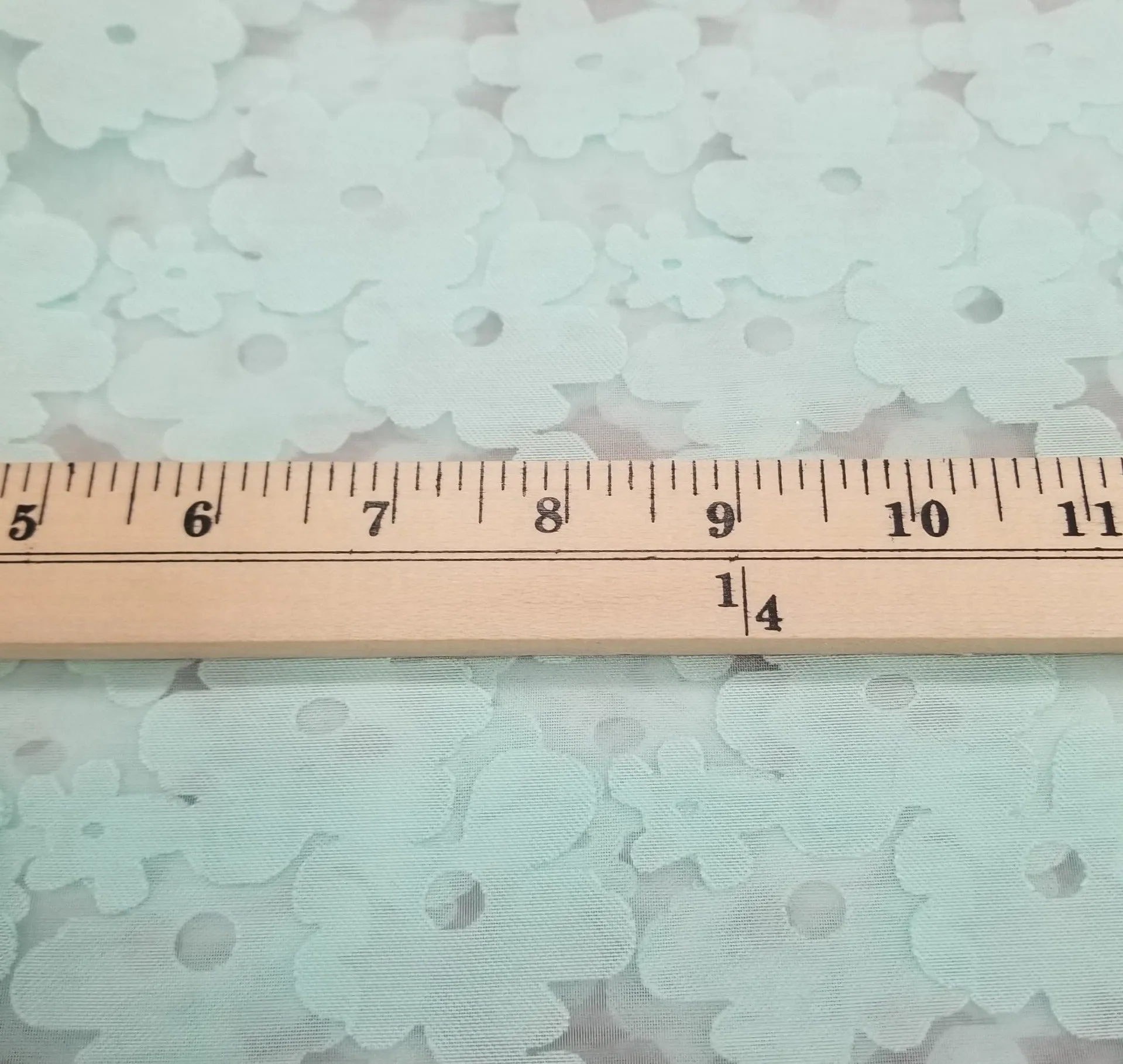 End of Bolt: 2-1/4th yards of Designer Deadstock Sheer Mint Blue Floral Burnout Organza Woven- remnant