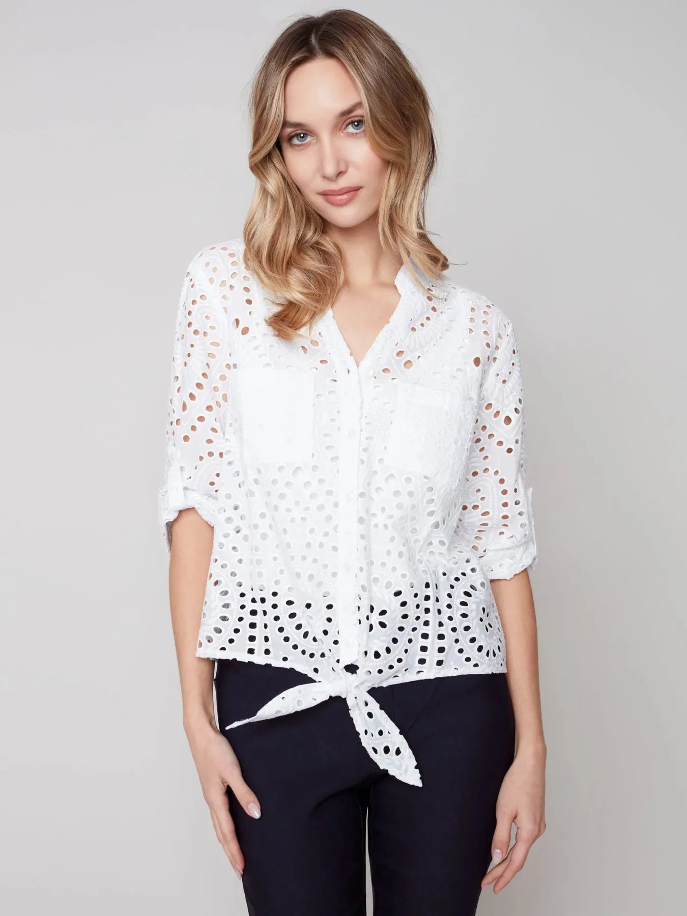 Eyelet Front Tie Cotton Blouse (Only S Left)