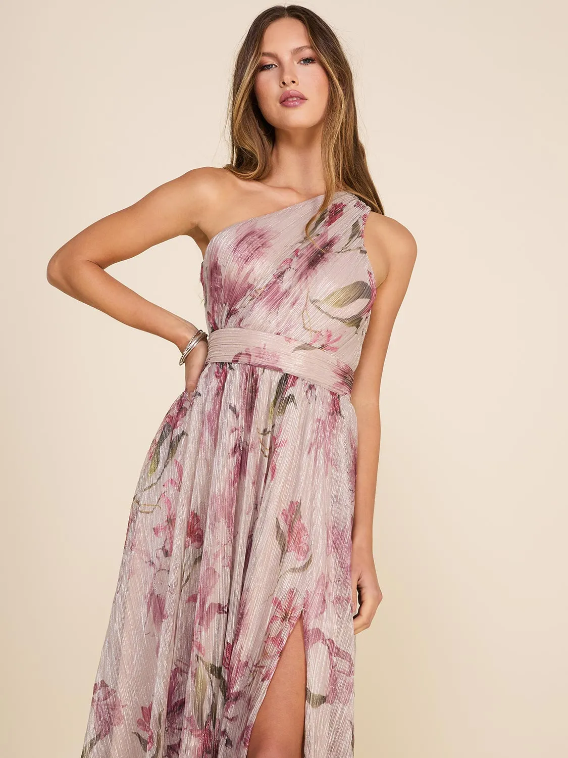 Floral Printed Metallic Crinkle Knit One-Shoulder Gown