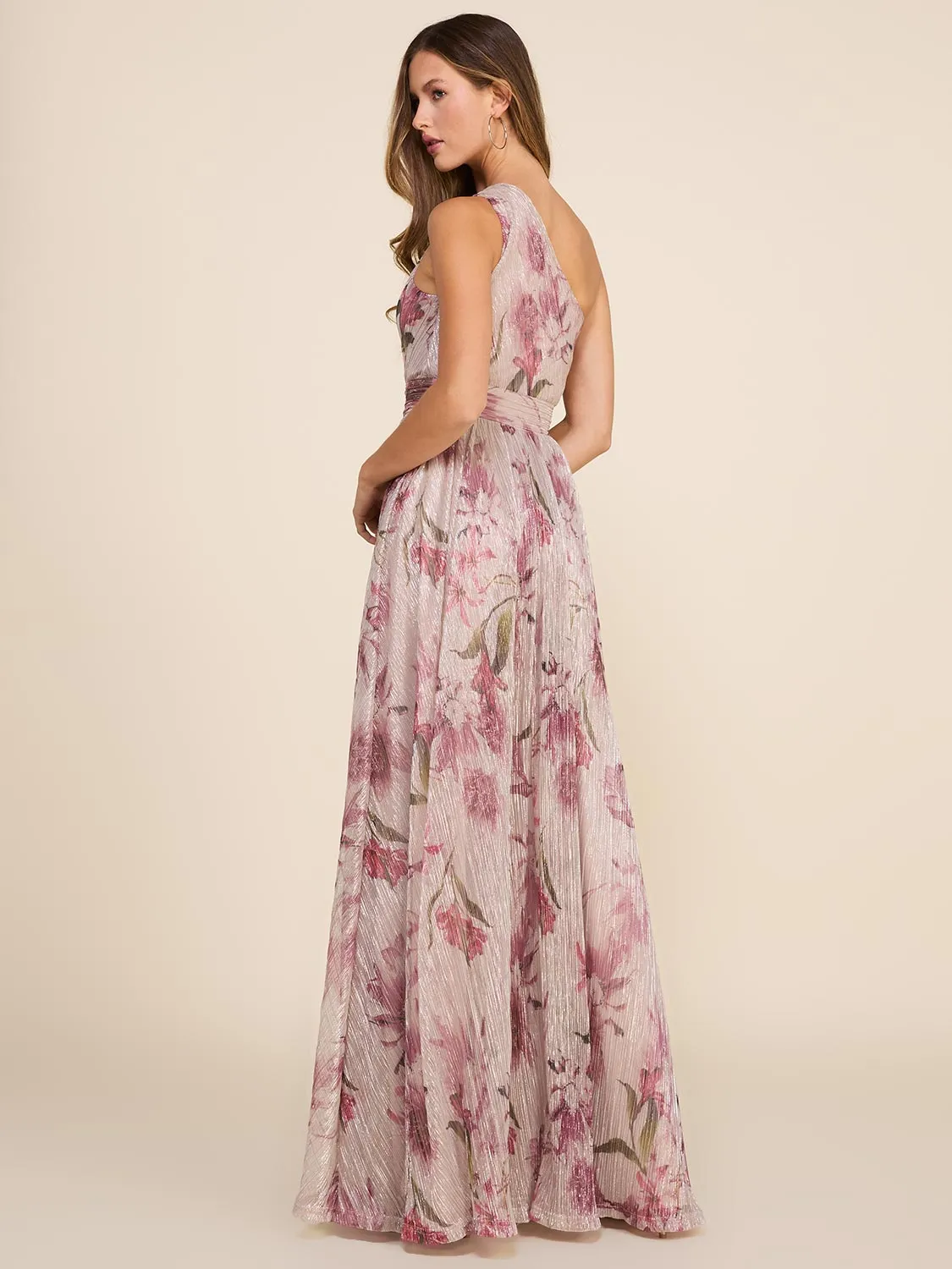 Floral Printed Metallic Crinkle Knit One-Shoulder Gown