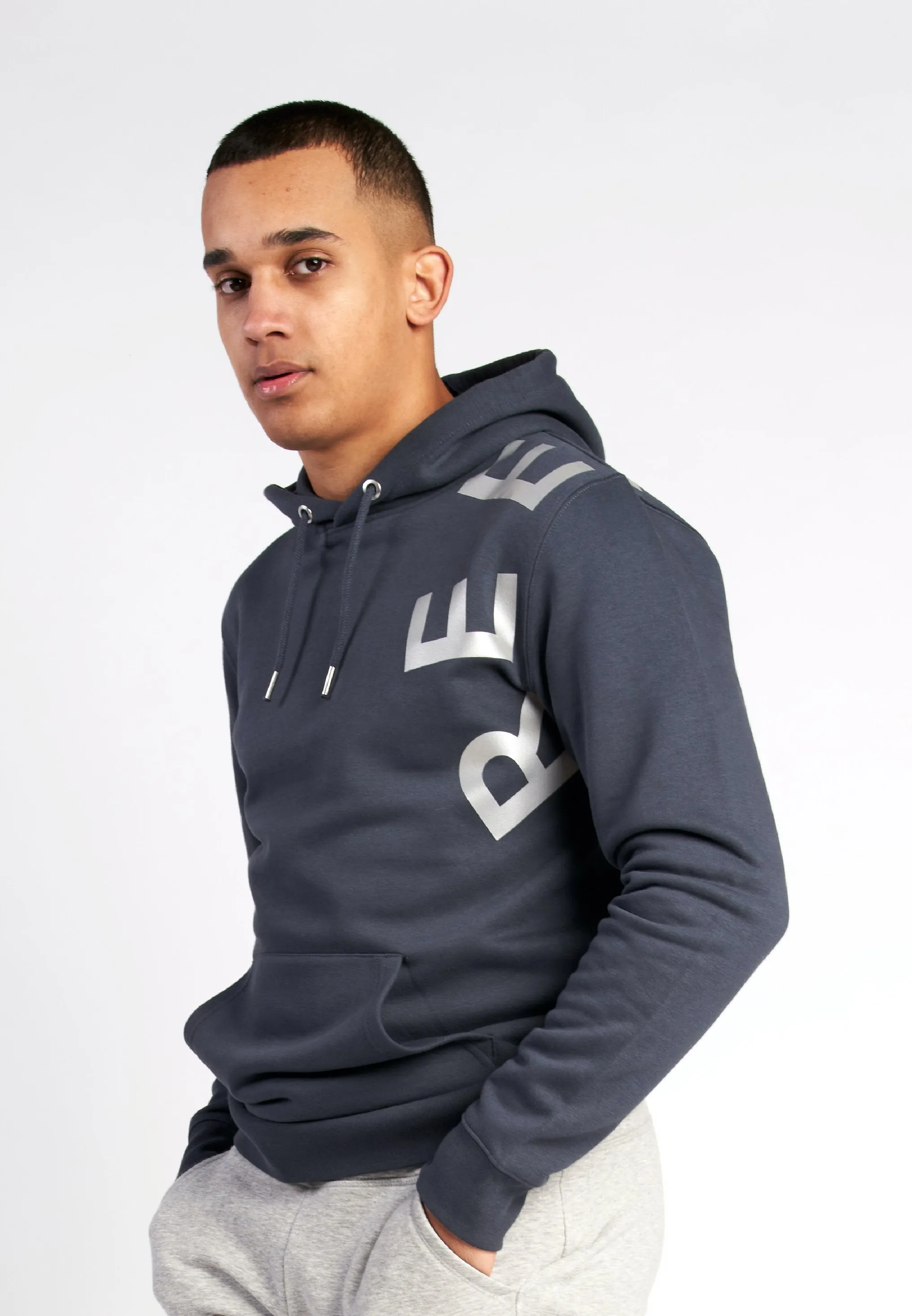 GREY UNISEX HOODIE WITH SHOULDER-PRINT