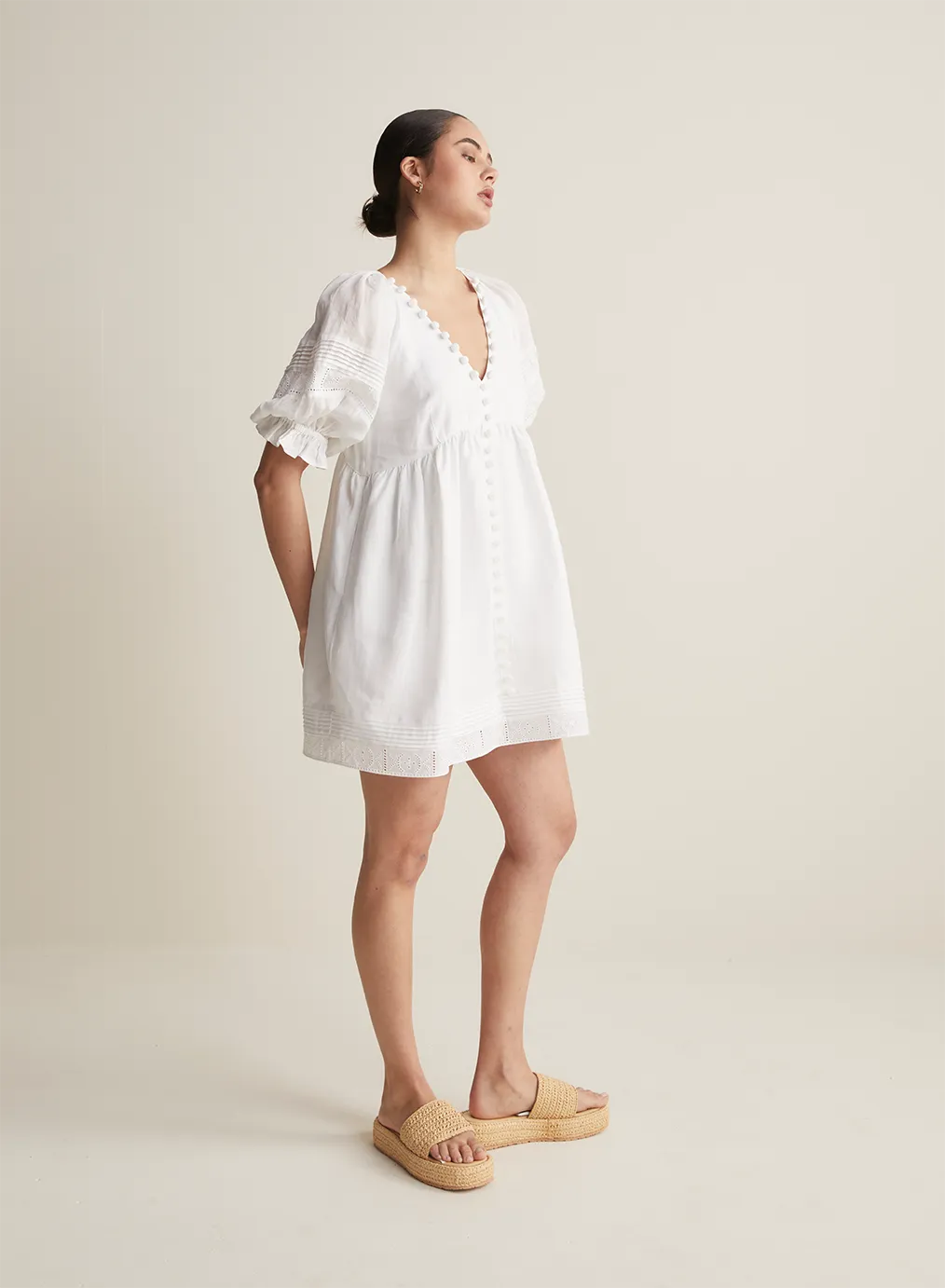 Gwendalin Linen Mini Smock Dress | Optical White | Restock