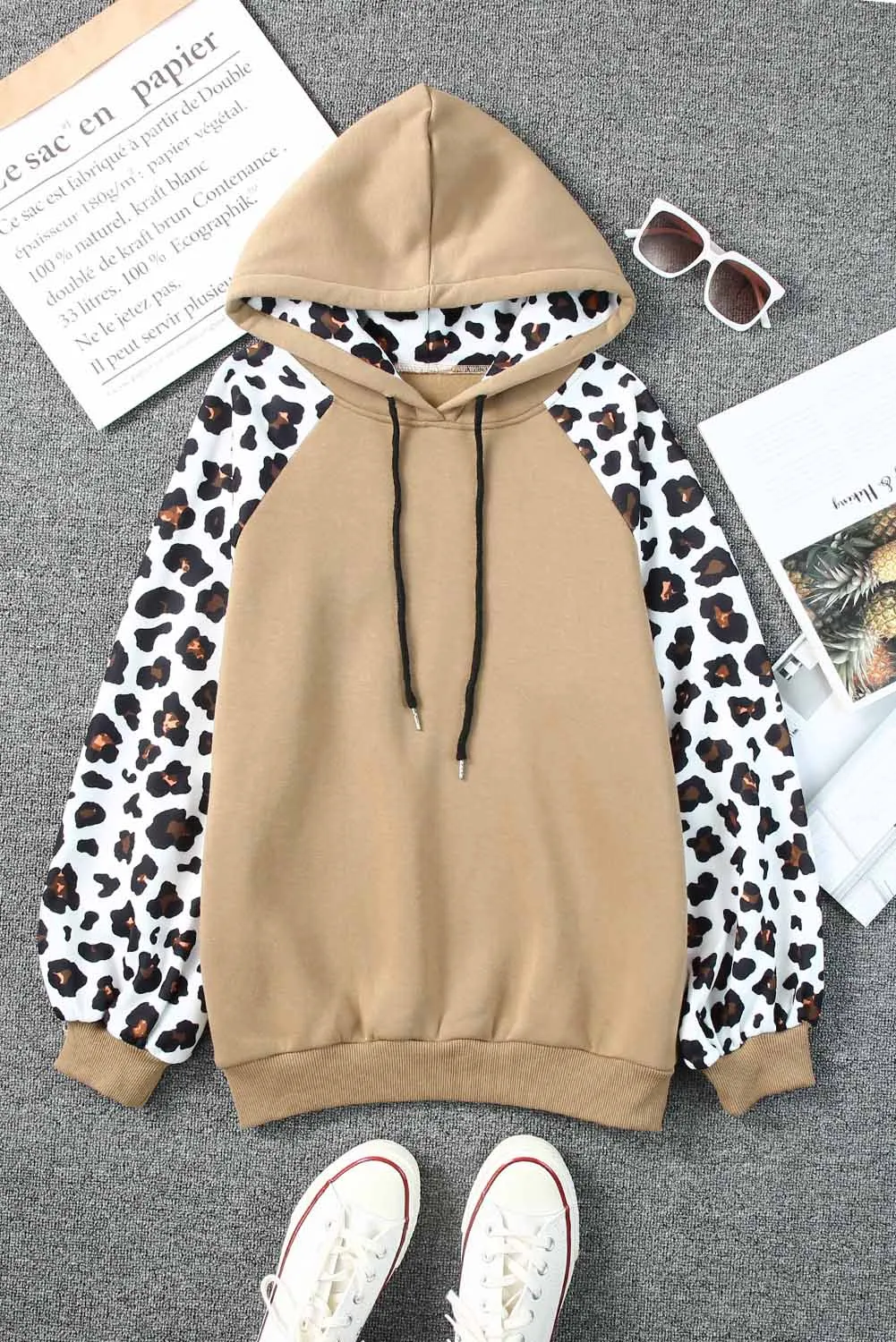 Khaki Leopard Bishop Sleeve Hooded Sweatshirt