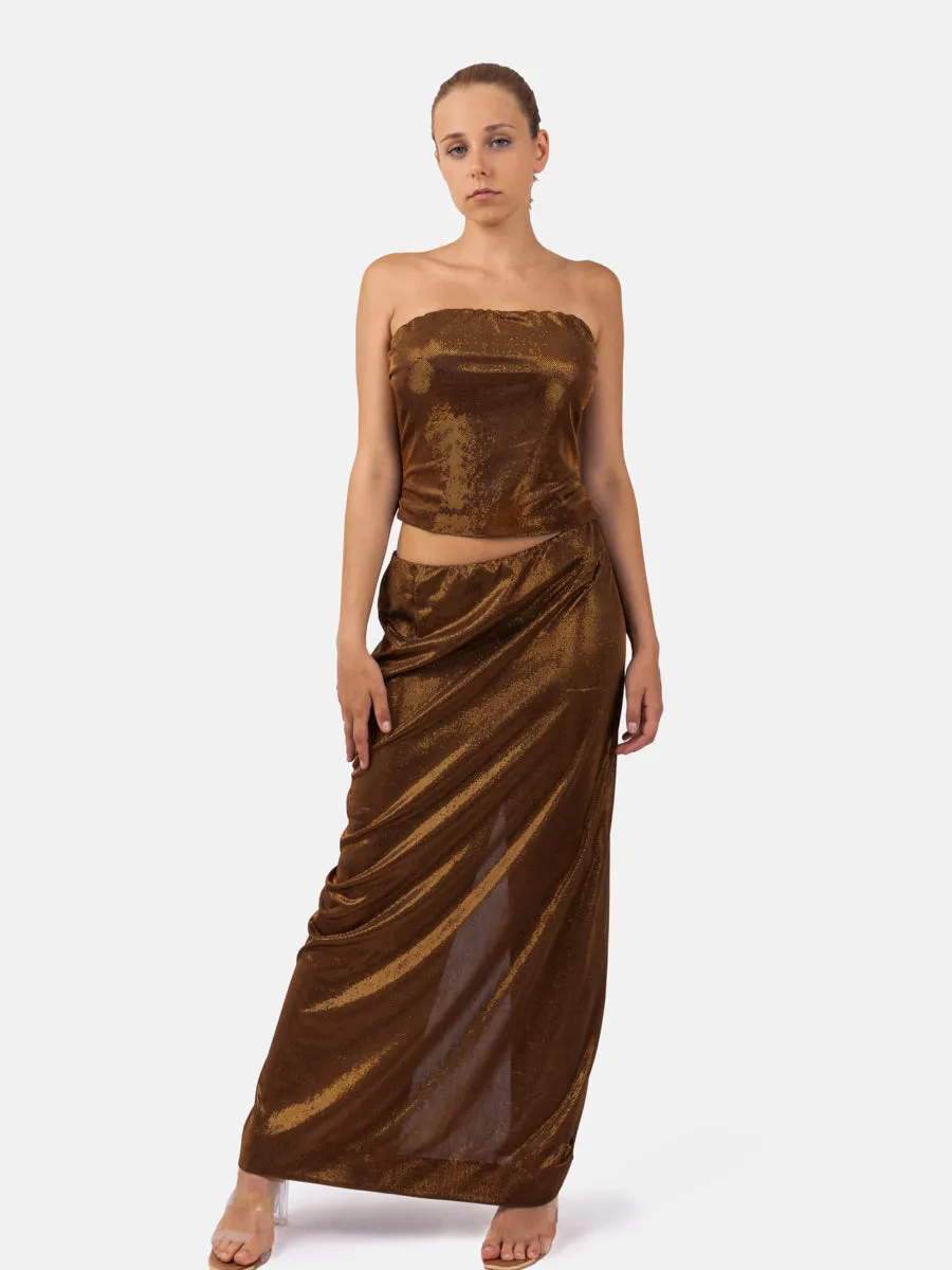 LAMÉ MAXI SKIRT "HEDA" IN ORANGE BROWN