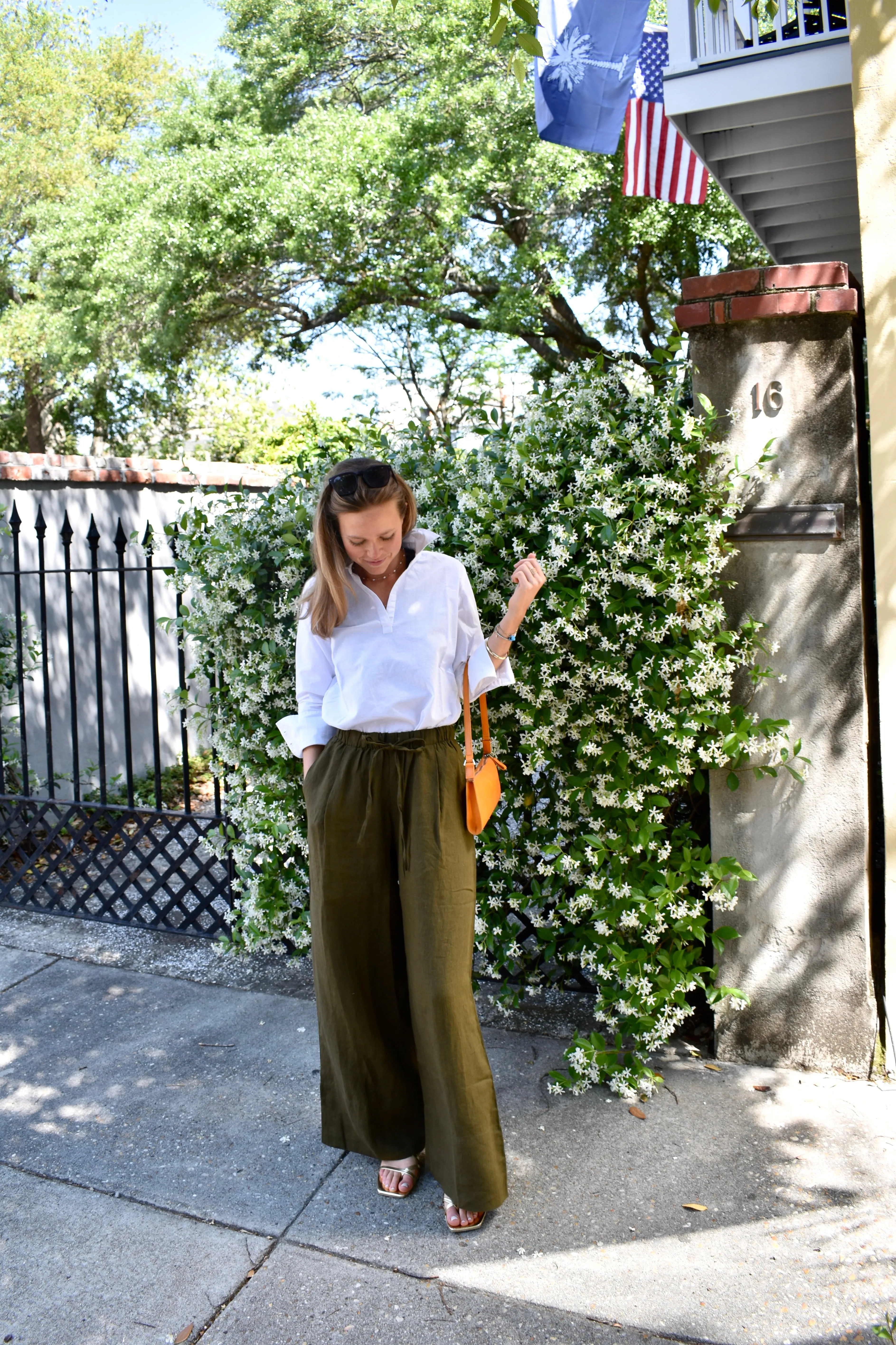 Linen Palazzo Pants Dark Green