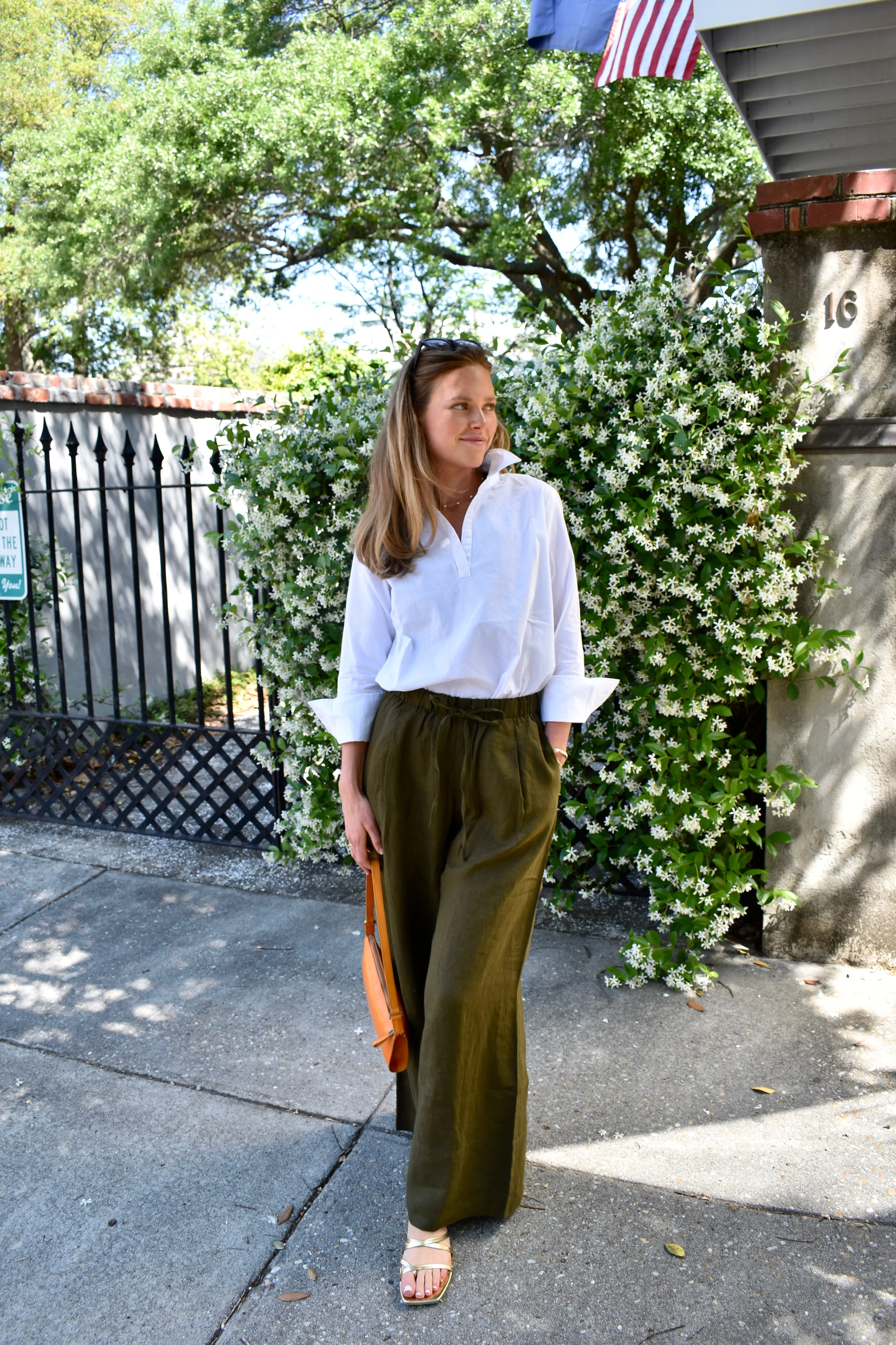 Linen Palazzo Pants Dark Green