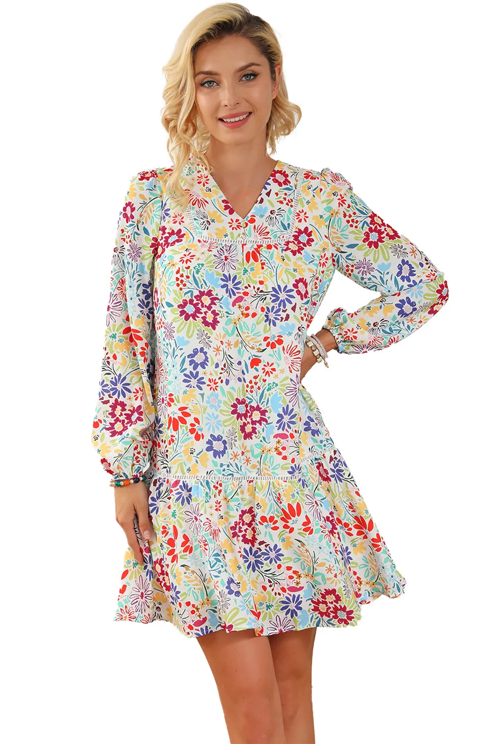 Multicolor Floral Lace Eyelet V Neck Mini Dress