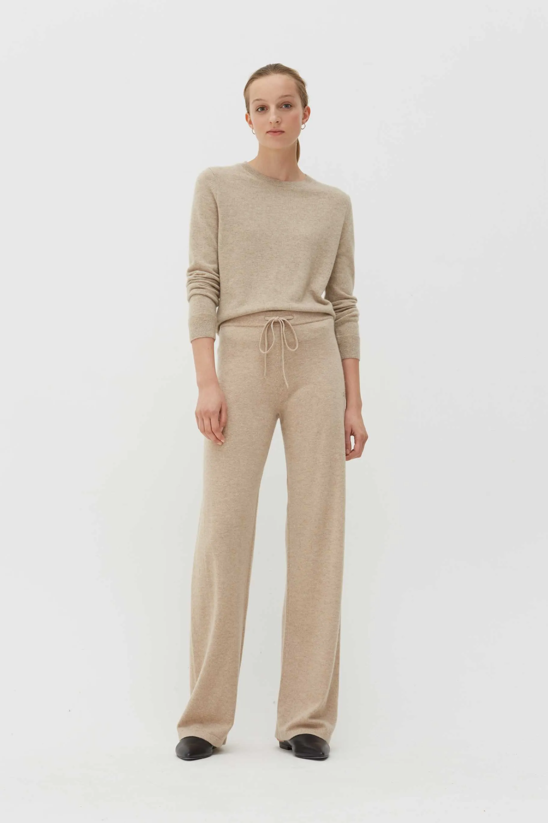 Oatmeal Cashmere Wide-Leg Pants