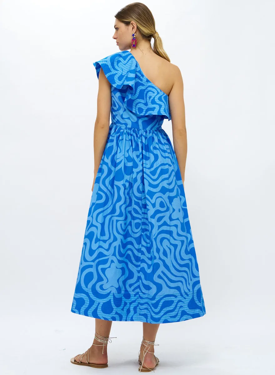 One Shoulder Ruffle Maxi Dress - Ashbury Blue