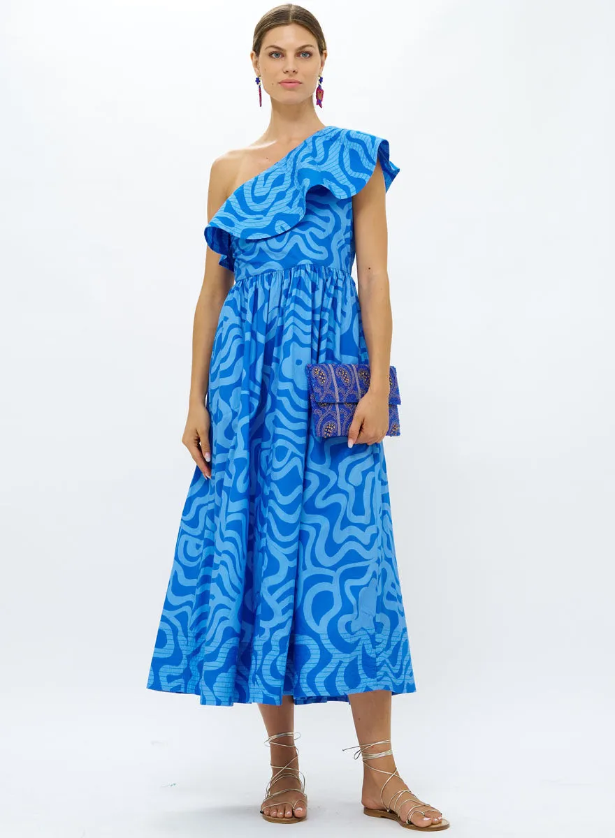 One Shoulder Ruffle Maxi Dress - Ashbury Blue