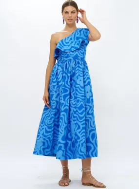 One Shoulder Ruffle Maxi Dress - Ashbury Blue