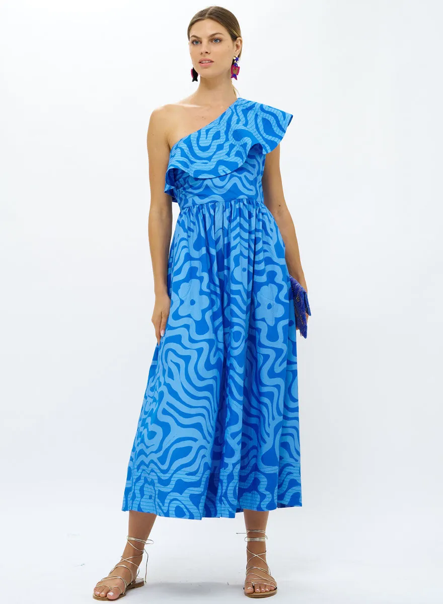 One Shoulder Ruffle Maxi Dress - Ashbury Blue