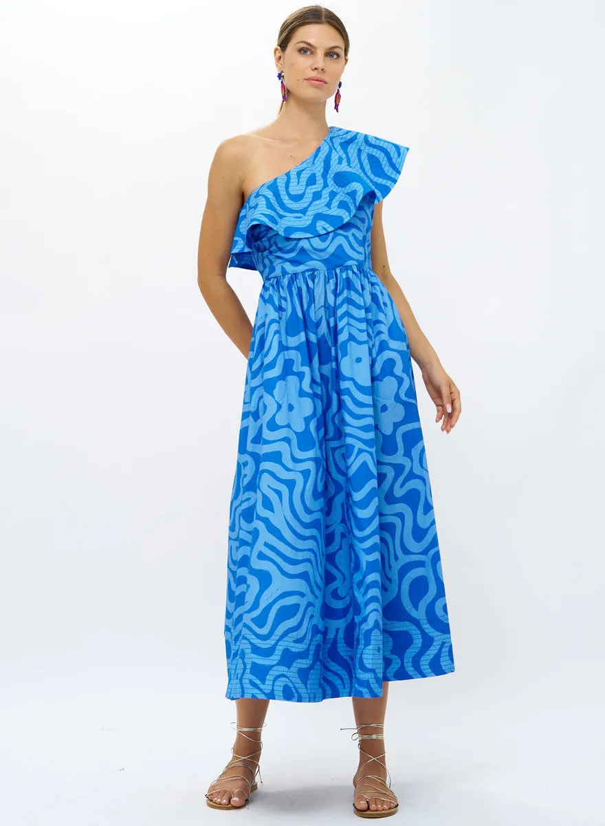 One Shoulder Ruffle Maxi Dress - Ashbury Blue