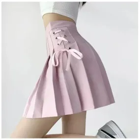 Preppy Style High-waisted Mini Dress Slimming Skirt For Women Pleated Torso Waistband Eyelet Details Spring Summer Season