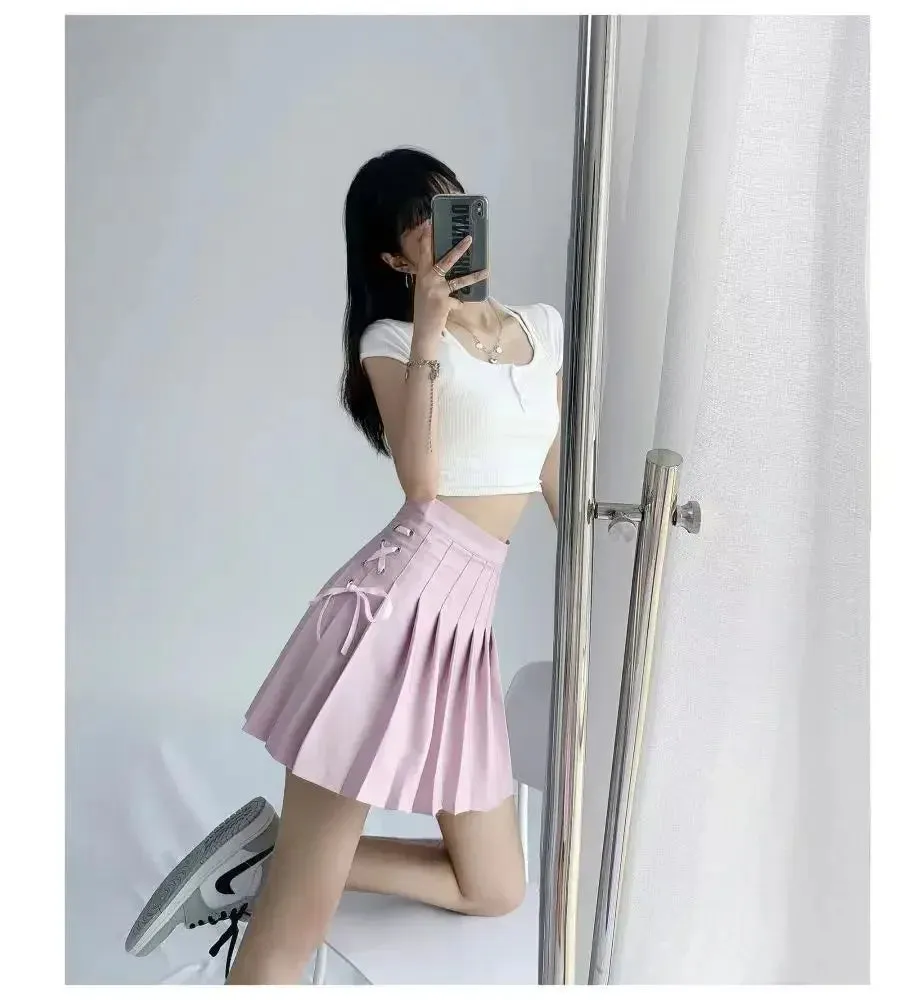 Preppy Style High-waisted Mini Dress Slimming Skirt For Women Pleated Torso Waistband Eyelet Details Spring Summer Season