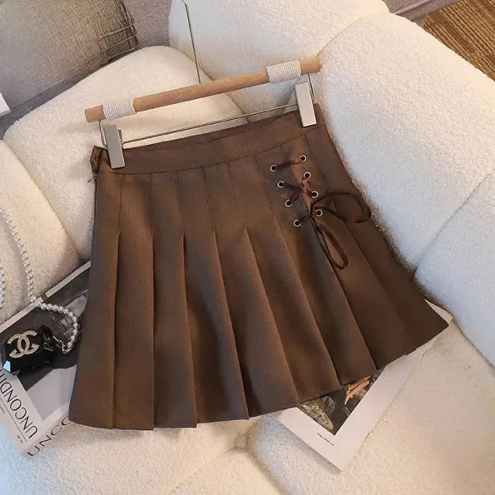 Preppy Style High-waisted Mini Dress Slimming Skirt For Women Pleated Torso Waistband Eyelet Details Spring Summer Season