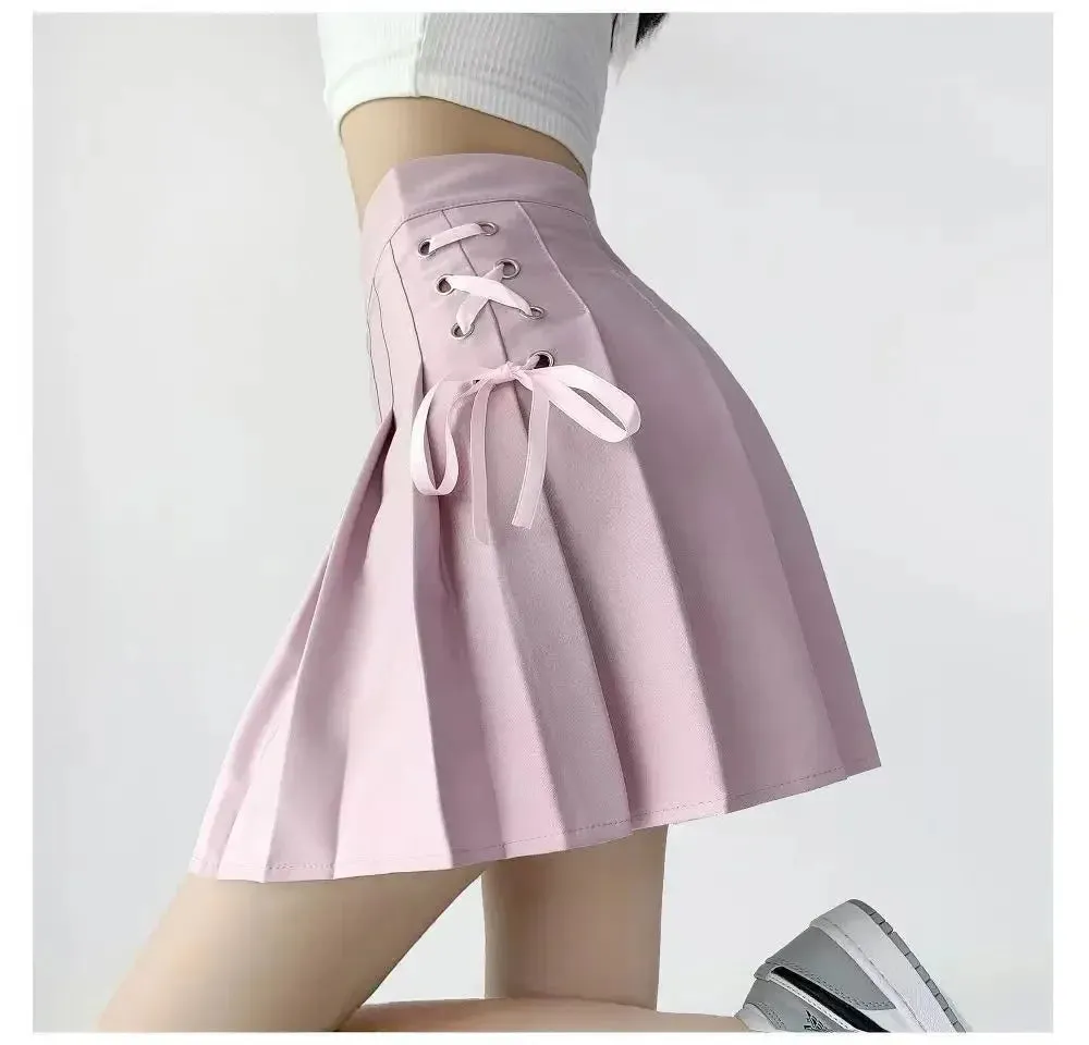 Preppy Style High-waisted Mini Dress Slimming Skirt For Women Pleated Torso Waistband Eyelet Details Spring Summer Season