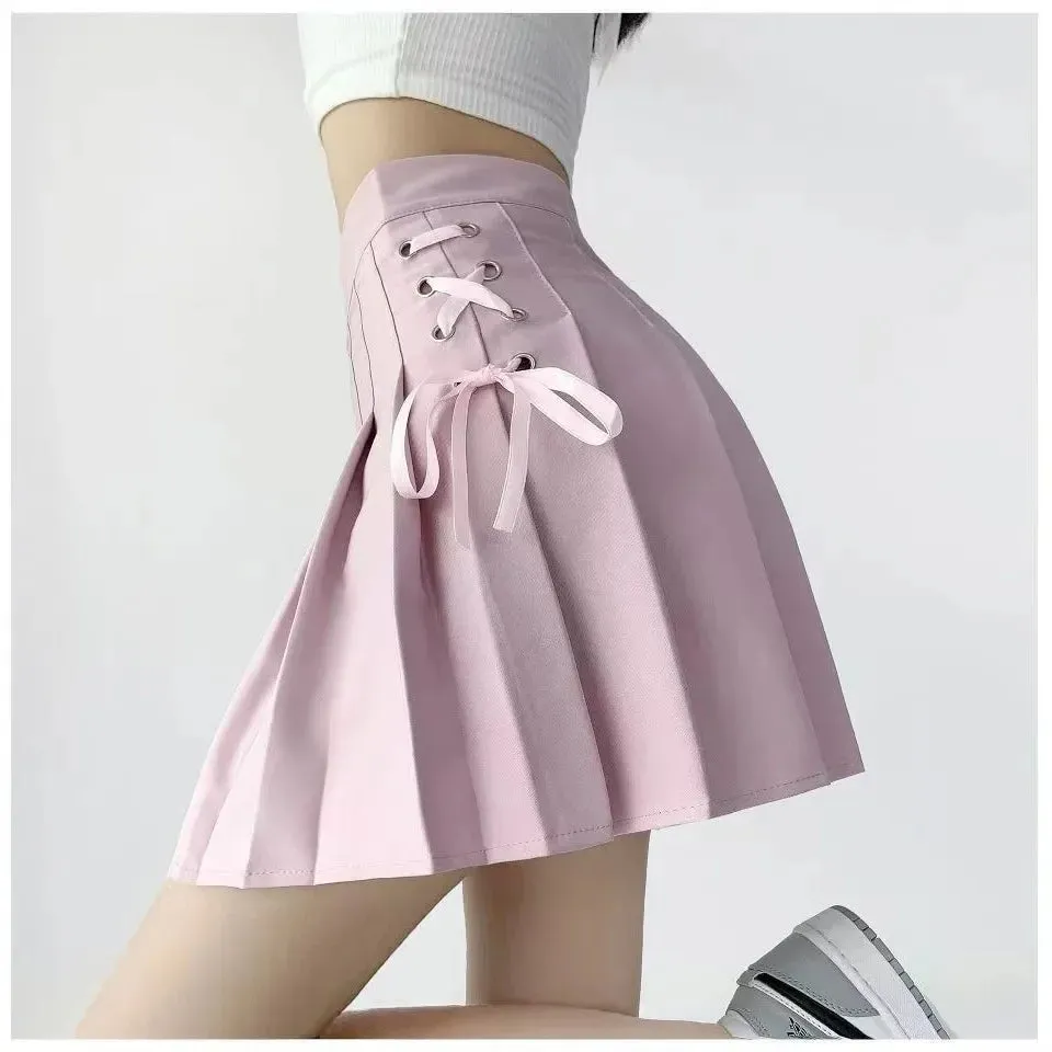 Preppy Style High-waisted Mini Dress Slimming Skirt For Women Pleated Torso Waistband Eyelet Details Spring Summer Season