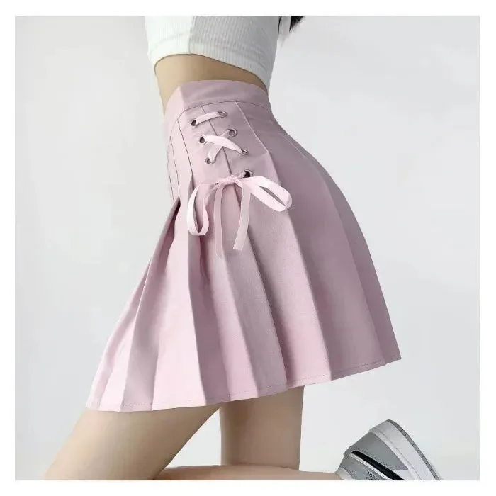 Preppy Style High-waisted Mini Dress Slimming Skirt For Women Pleated Torso Waistband Eyelet Details Spring Summer Season