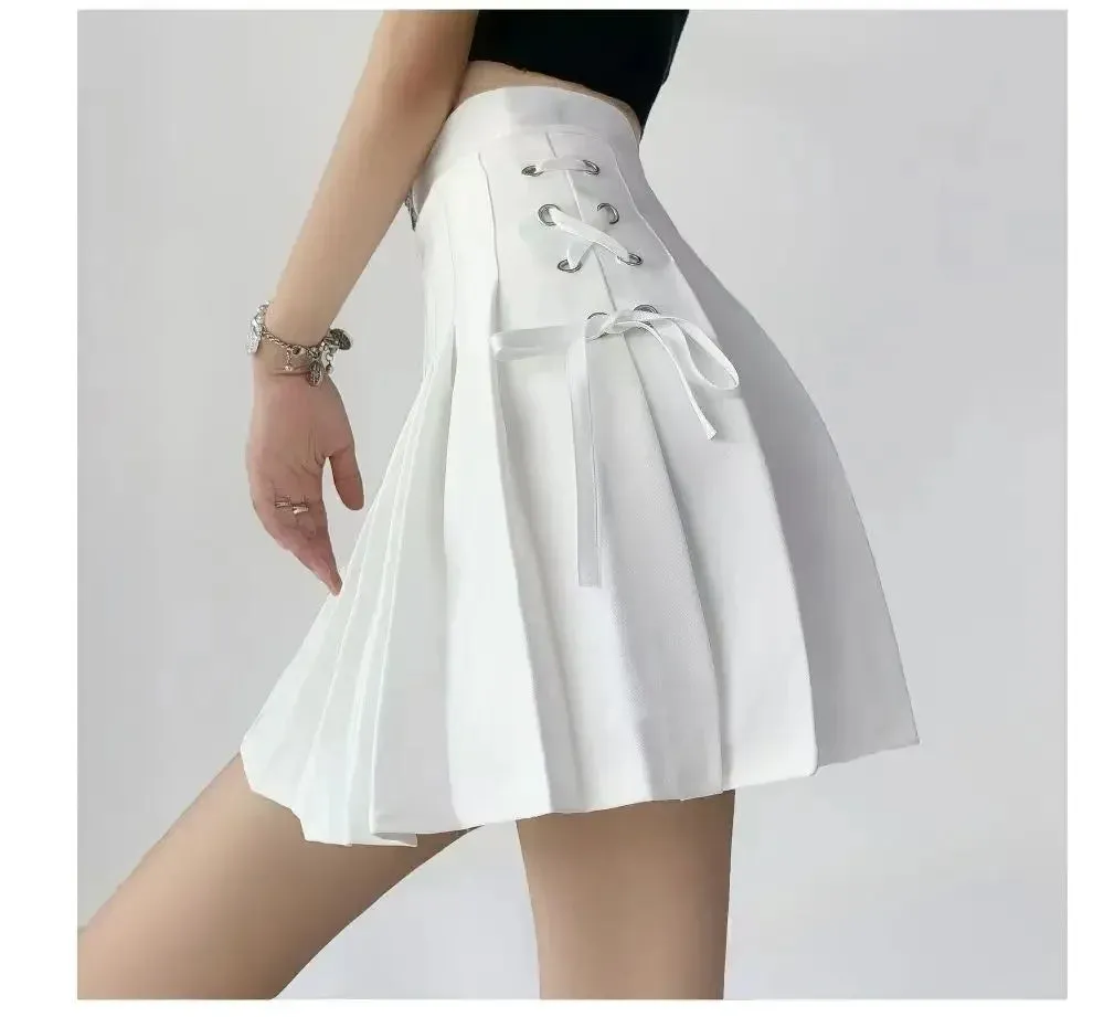Preppy Style High-waisted Mini Dress Slimming Skirt For Women Pleated Torso Waistband Eyelet Details Spring Summer Season