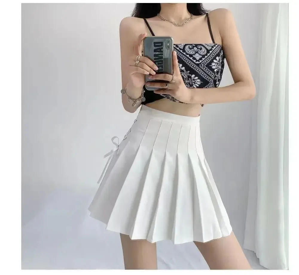 Preppy Style High-waisted Mini Dress Slimming Skirt For Women Pleated Torso Waistband Eyelet Details Spring Summer Season