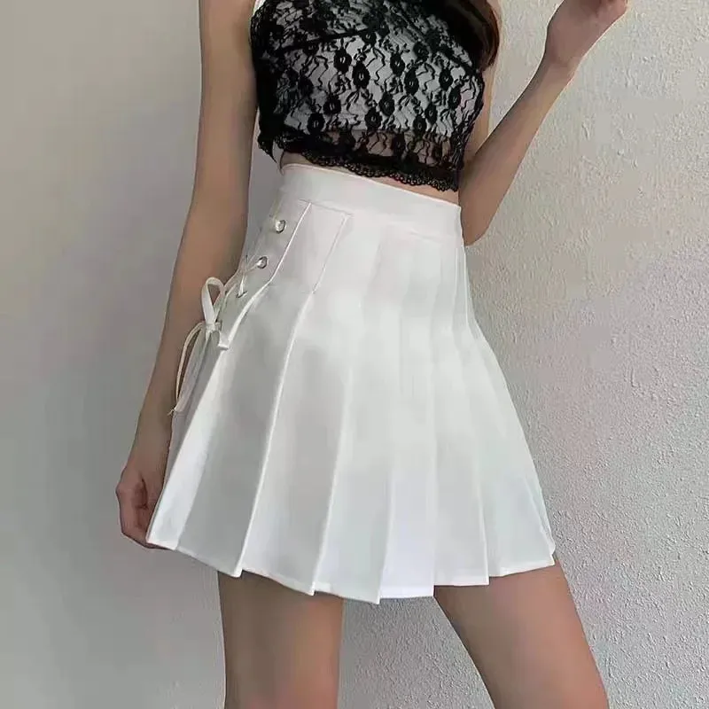 Preppy Style High-waisted Mini Dress Slimming Skirt For Women Pleated Torso Waistband Eyelet Details Spring Summer Season