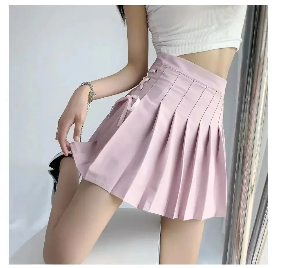 Preppy Style High-waisted Mini Dress Slimming Skirt For Women Pleated Torso Waistband Eyelet Details Spring Summer Season