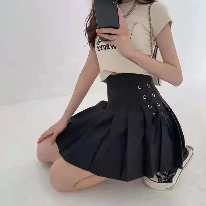 Preppy Style High-waisted Mini Dress Slimming Skirt For Women Pleated Torso Waistband Eyelet Details Spring Summer Season