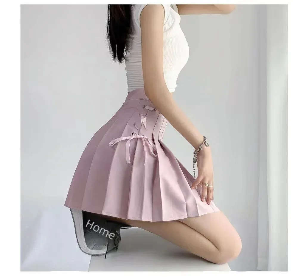 Preppy Style High-waisted Mini Dress Slimming Skirt For Women Pleated Torso Waistband Eyelet Details Spring Summer Season