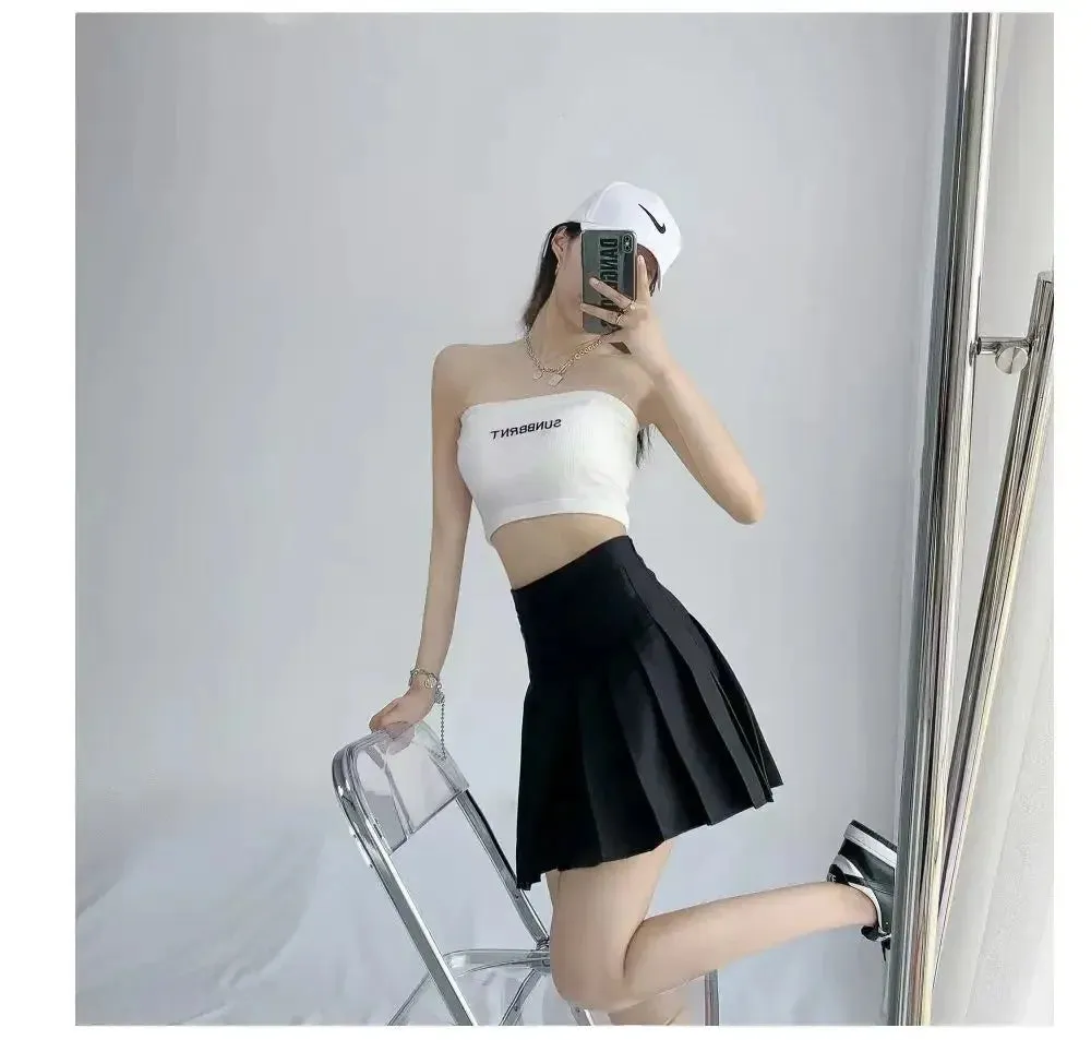 Preppy Style High-waisted Mini Dress Slimming Skirt For Women Pleated Torso Waistband Eyelet Details Spring Summer Season