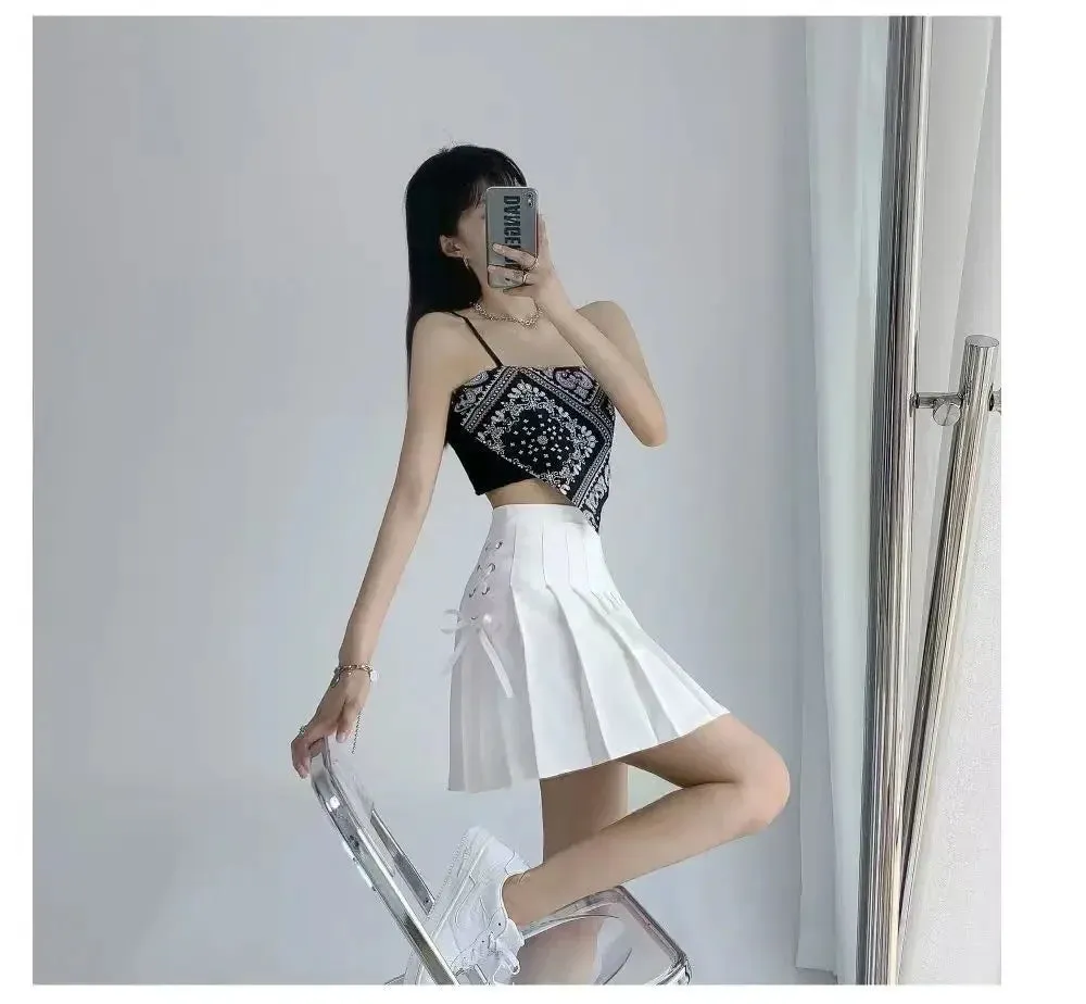 Preppy Style High-waisted Mini Dress Slimming Skirt For Women Pleated Torso Waistband Eyelet Details Spring Summer Season