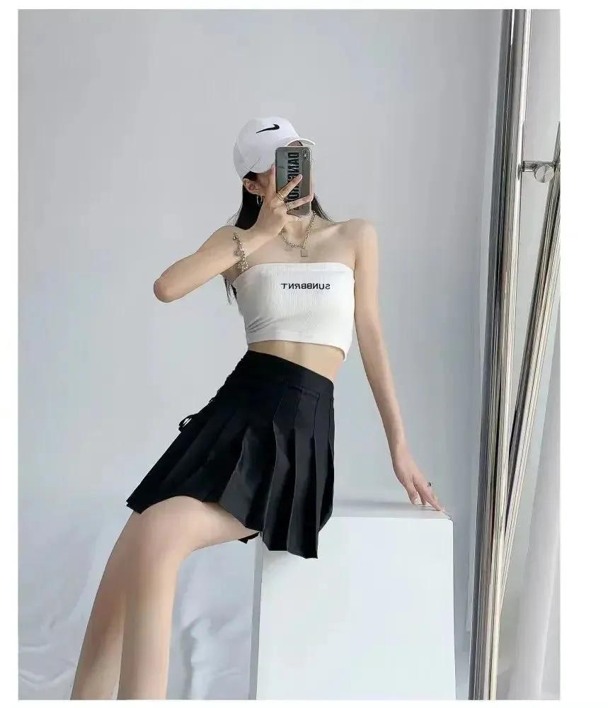 Preppy Style High-waisted Mini Dress Slimming Skirt For Women Pleated Torso Waistband Eyelet Details Spring Summer Season
