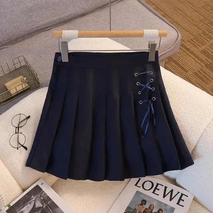 Preppy Style High-waisted Mini Dress Slimming Skirt For Women Pleated Torso Waistband Eyelet Details Spring Summer Season