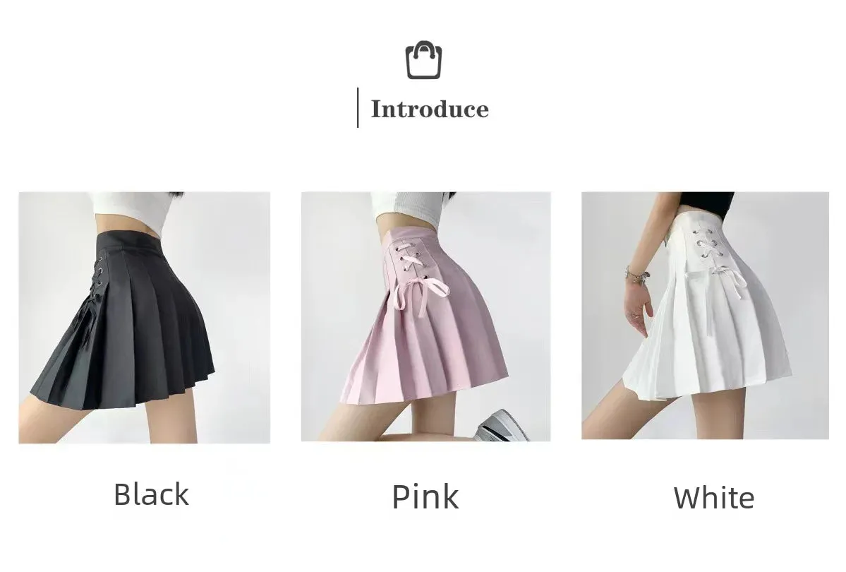 Preppy Style High-waisted Mini Dress Slimming Skirt For Women Pleated Torso Waistband Eyelet Details Spring Summer Season