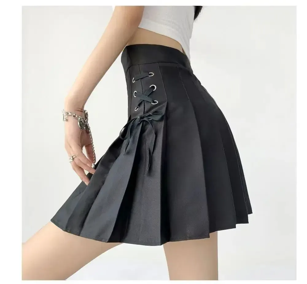Preppy Style High-waisted Mini Dress Slimming Skirt For Women Pleated Torso Waistband Eyelet Details Spring Summer Season