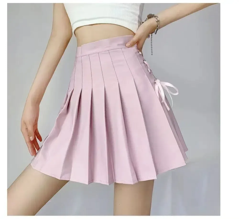 Preppy Style High-waisted Mini Dress Slimming Skirt For Women Pleated Torso Waistband Eyelet Details Spring Summer Season