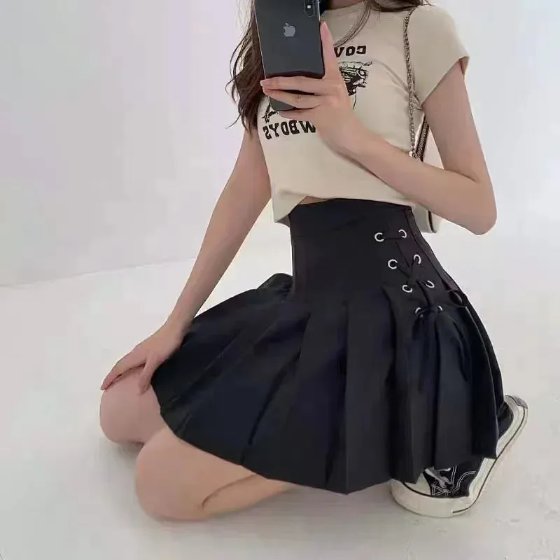 Preppy Style High-waisted Mini Dress Slimming Skirt For Women Pleated Torso Waistband Eyelet Details Spring Summer Season
