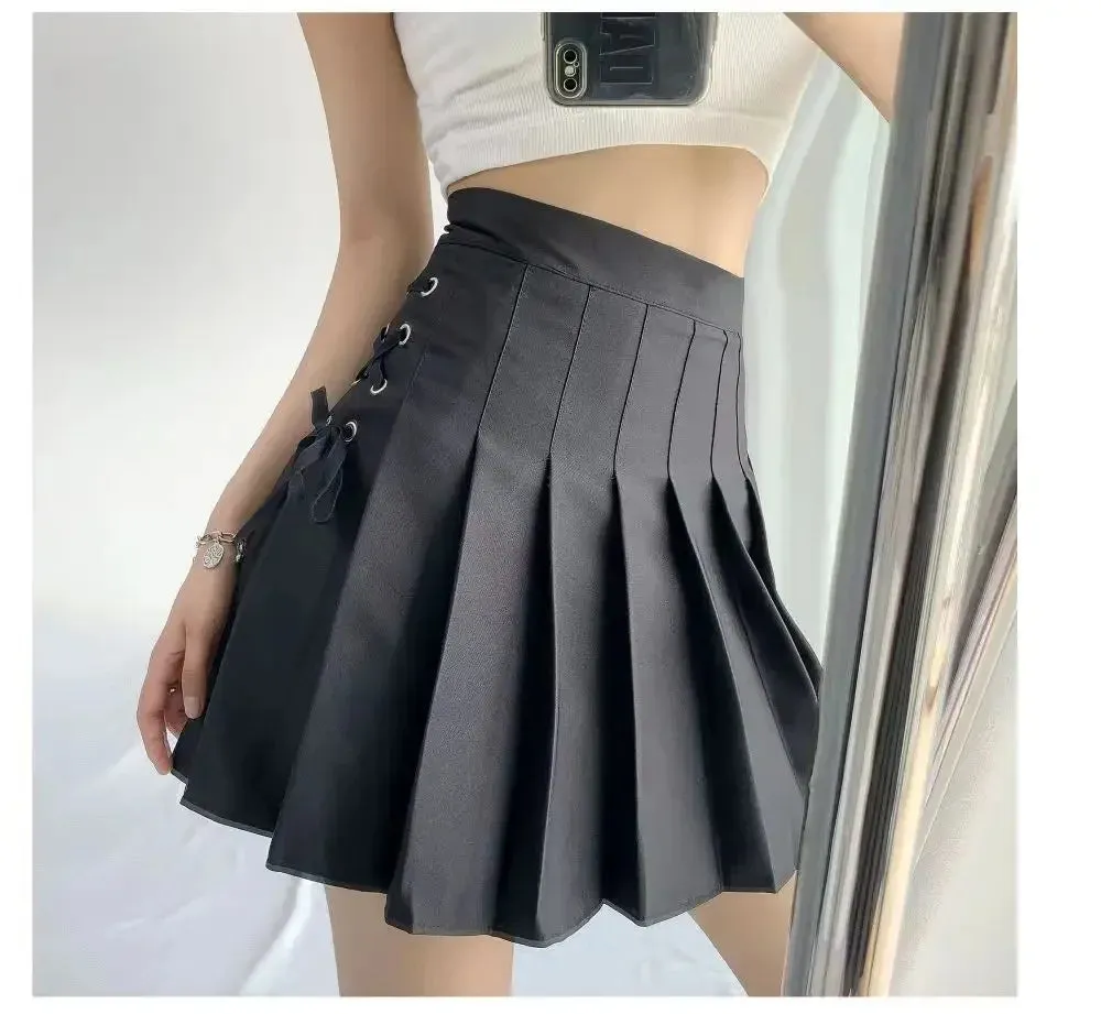 Preppy Style High-waisted Mini Dress Slimming Skirt For Women Pleated Torso Waistband Eyelet Details Spring Summer Season