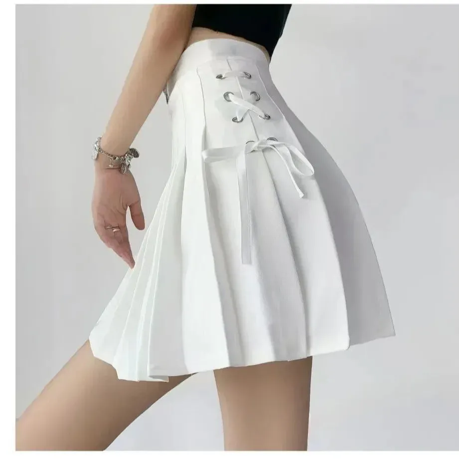 Preppy Style High-waisted Mini Dress Slimming Skirt For Women Pleated Torso Waistband Eyelet Details Spring Summer Season