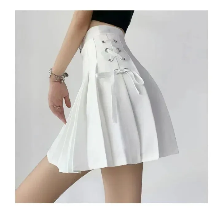 Preppy Style High-waisted Mini Dress Slimming Skirt For Women Pleated Torso Waistband Eyelet Details Spring Summer Season