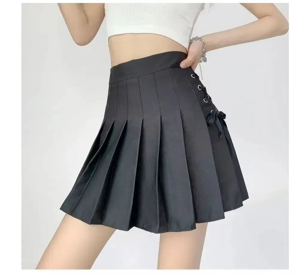 Preppy Style High-waisted Mini Dress Slimming Skirt For Women Pleated Torso Waistband Eyelet Details Spring Summer Season