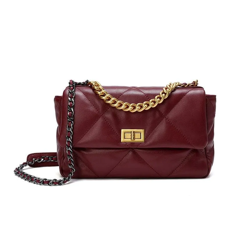 Quilted Designer Bag, Genuine Leather Classic Shoulder Bag, Lambskin Luxury Leather Bag, DIAMONDS Gold Chain Lock Bag, Christmas Gift