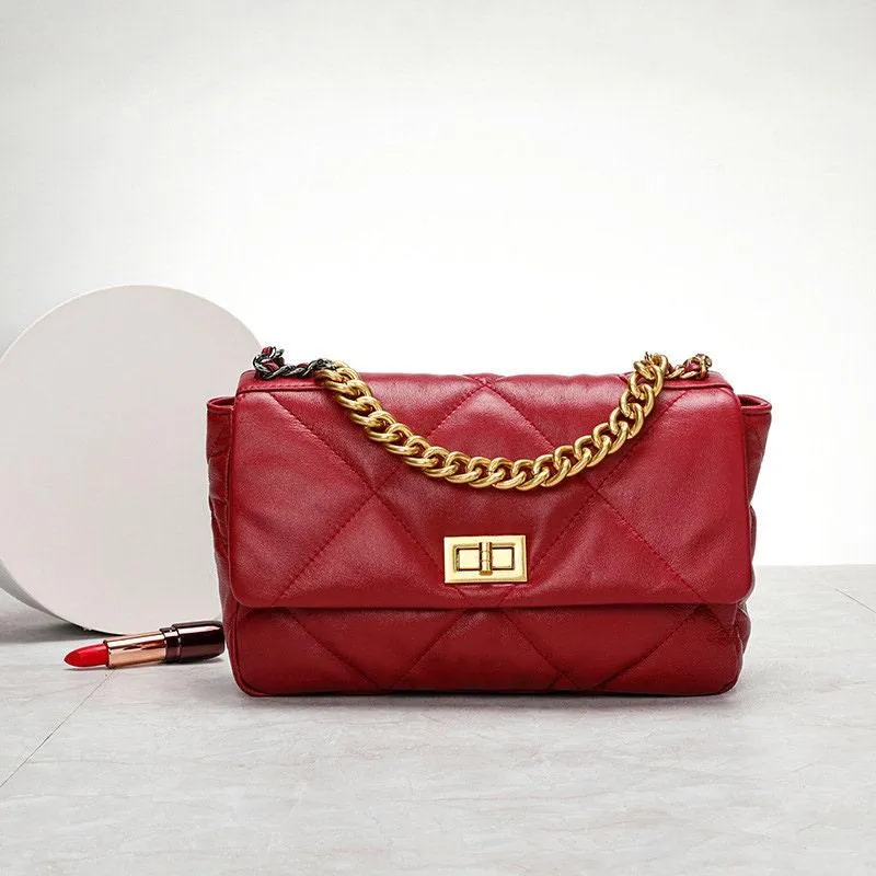 Quilted Designer Bag, Genuine Leather Classic Shoulder Bag, Lambskin Luxury Leather Bag, DIAMONDS Gold Chain Lock Bag, Christmas Gift