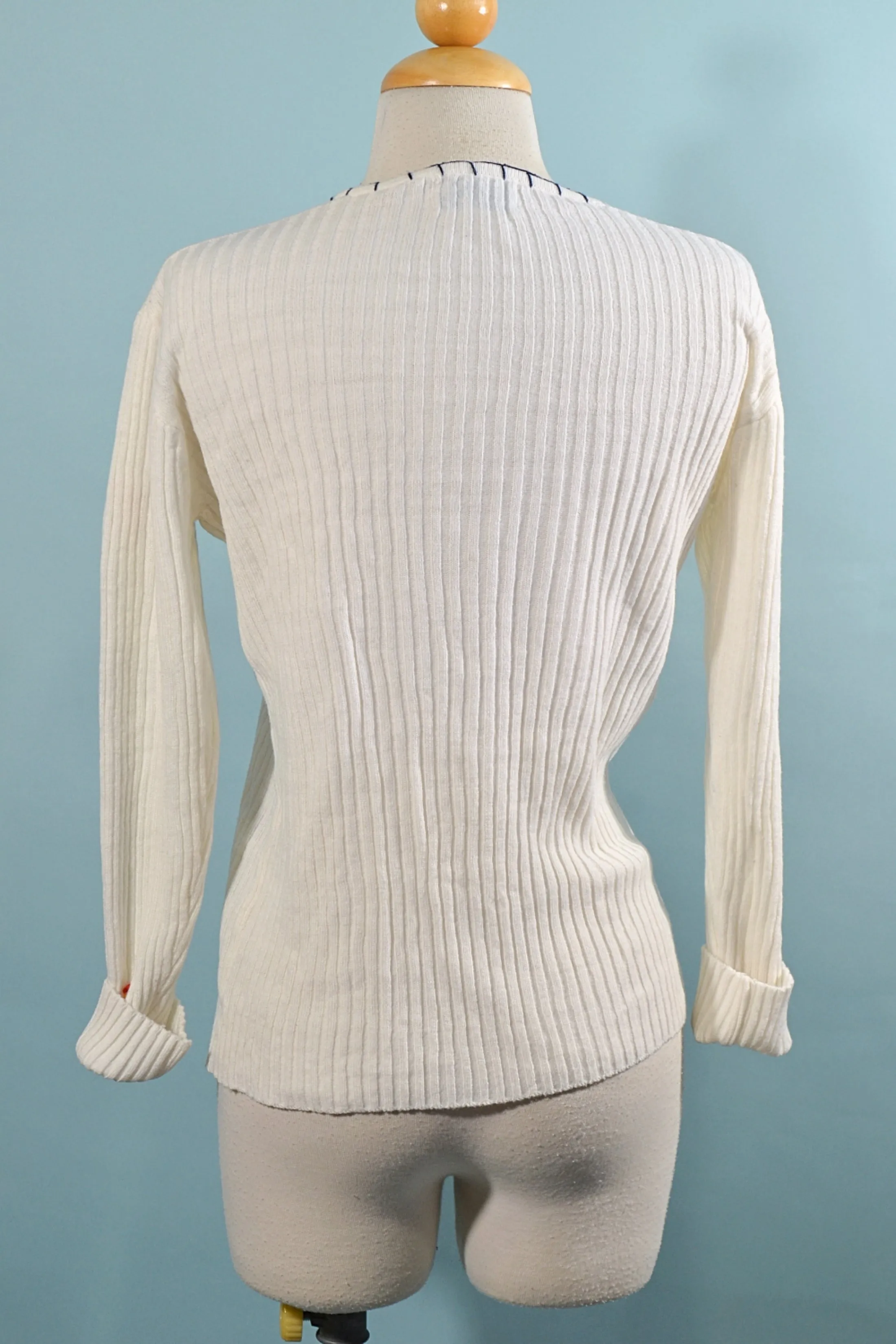 SOLD Vintage 70s White Embroidered Sweater, 60s Ribbed Hippie Top M