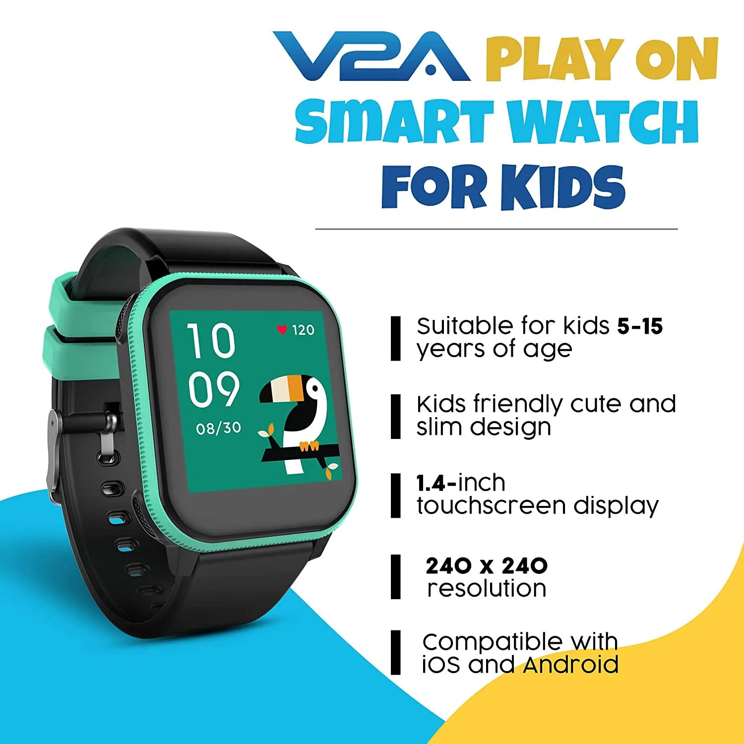 V2A PlayOn Smart Watch for Kids and Teens with Inbuilt Games– Smart Watch for Girls and Boys – Compatible with iOS and Android – IP68 Waterproof - 7 Days Battery Backup