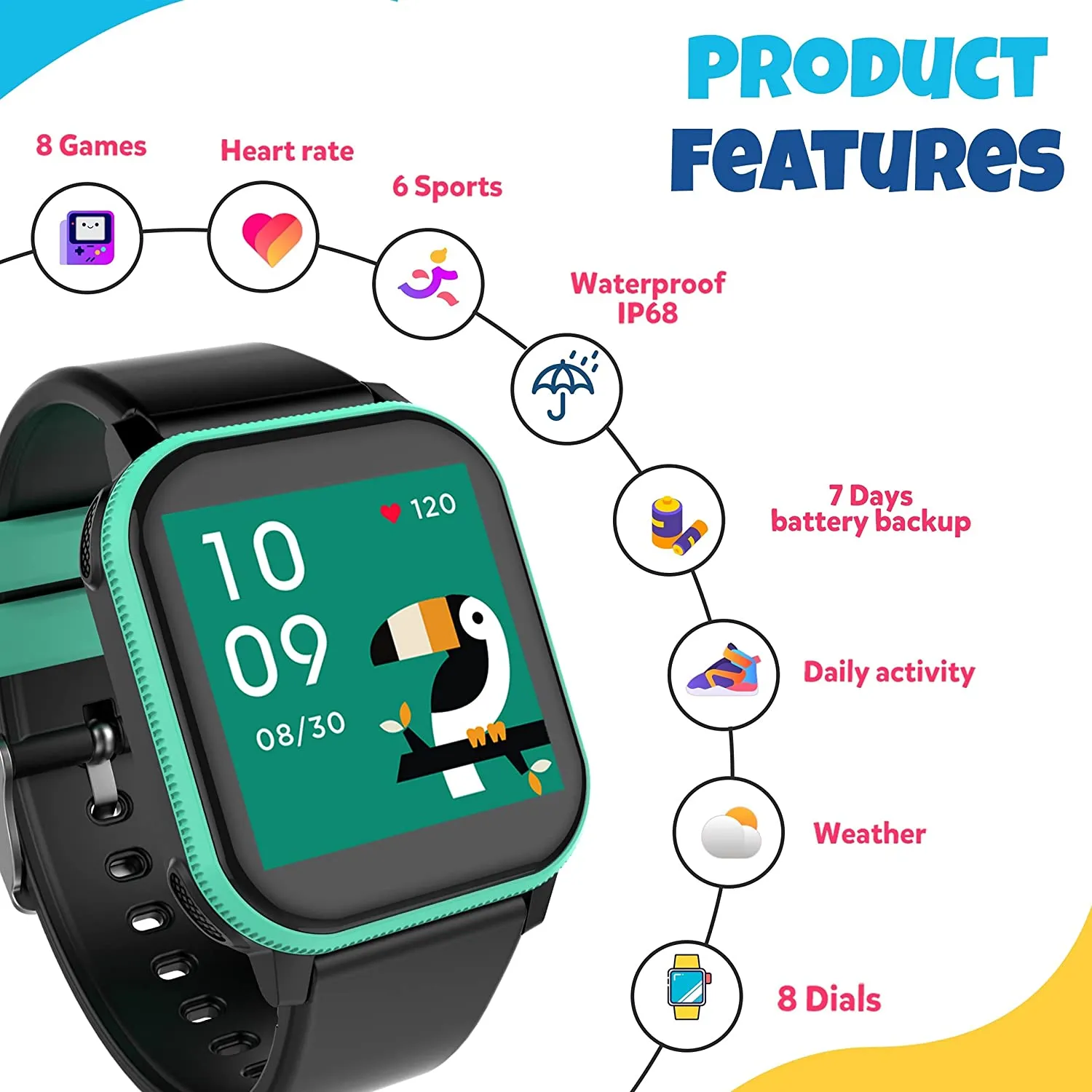 V2A PlayOn Smart Watch for Kids and Teens with Inbuilt Games– Smart Watch for Girls and Boys – Compatible with iOS and Android – IP68 Waterproof - 7 Days Battery Backup