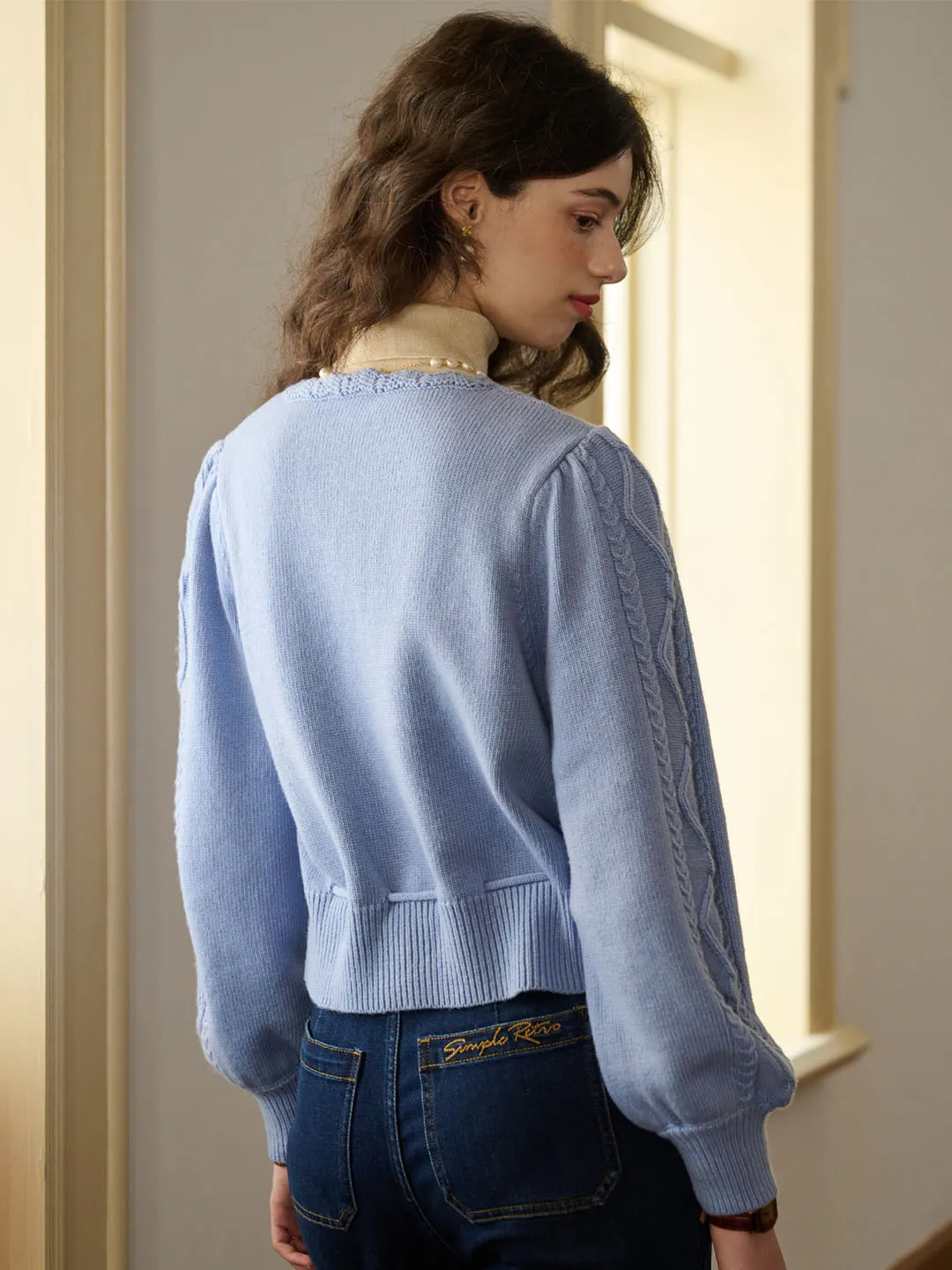 Willow Floral Embroidery Lantern Sleeve Knot Hem Knit Cardigan-Light Blue
