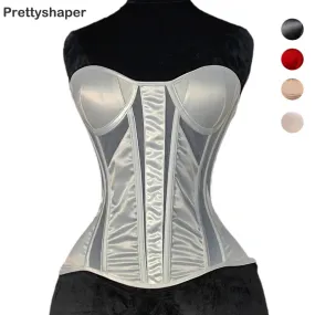 Women Corset Overbust Bustier With Cup Transparent Mesh Steel Bones Bodice Slimm Waist Lace Up Back Tube Tops For Wedding Club
